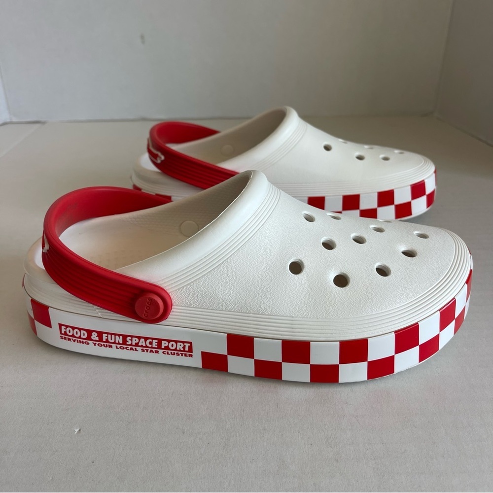 CROCS White and Red Toy Story Platform Clogs Women Size 7.  Men Size 5